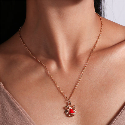 Red Enamel and 18K Gold-Plated Bell Pendant Necklace, gold pendant necklace for women, vintage-inspired design, front view