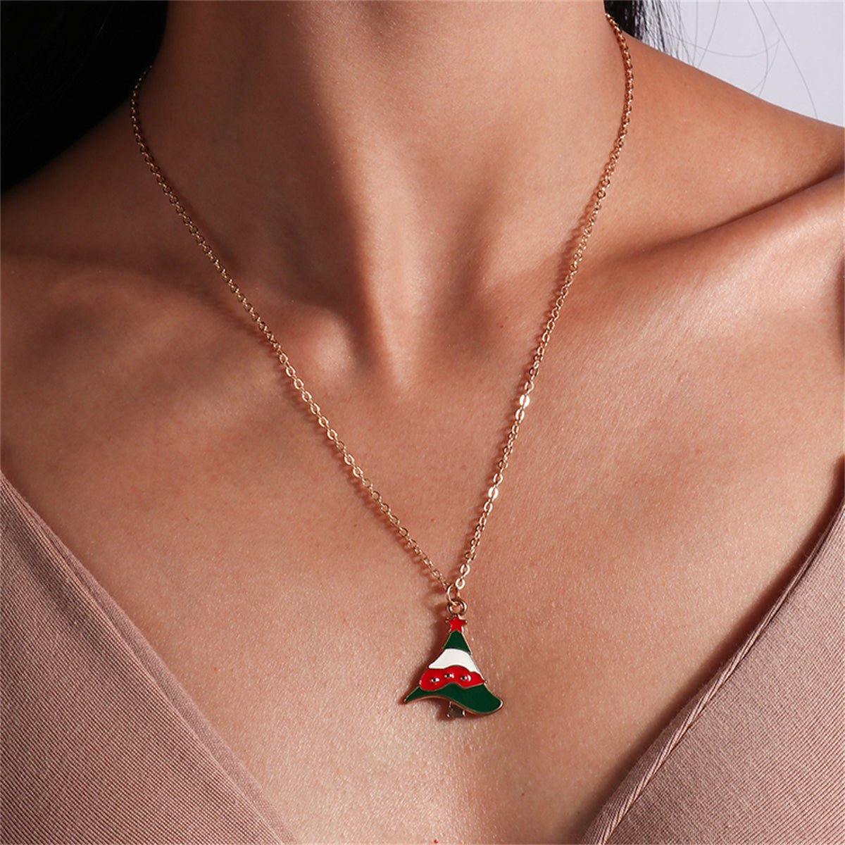 Green and Red Christmas Tree Pendant Necklace, pendant necklace for women, botanical inspired, front view