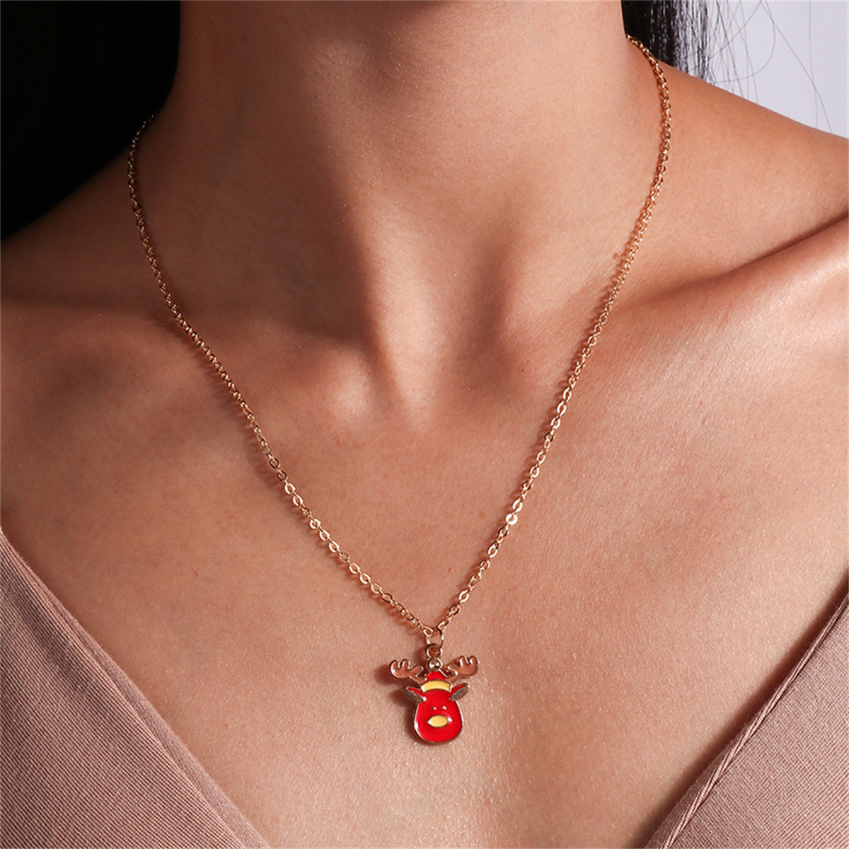 Red Enamel and 18K Gold-Plated Reindeer Pendant Necklace, gold pendant necklace for women, front view