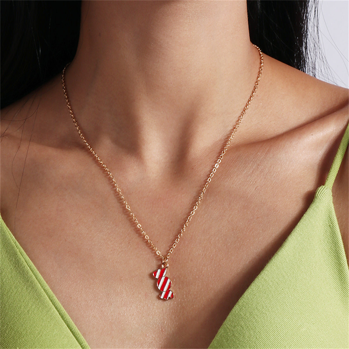 Red Enamel and 18K Gold-Plated Candy Pendant Necklace, gold pendant necklace for women, everyday style, front view