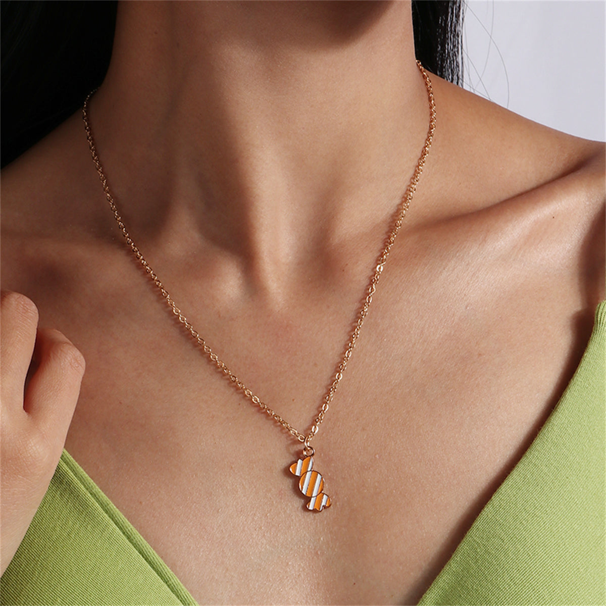 Yellow Enamel and 18K Gold-Plated Candy Pendant Necklace, gold pendant necklace for women, elegant gift for her, front view