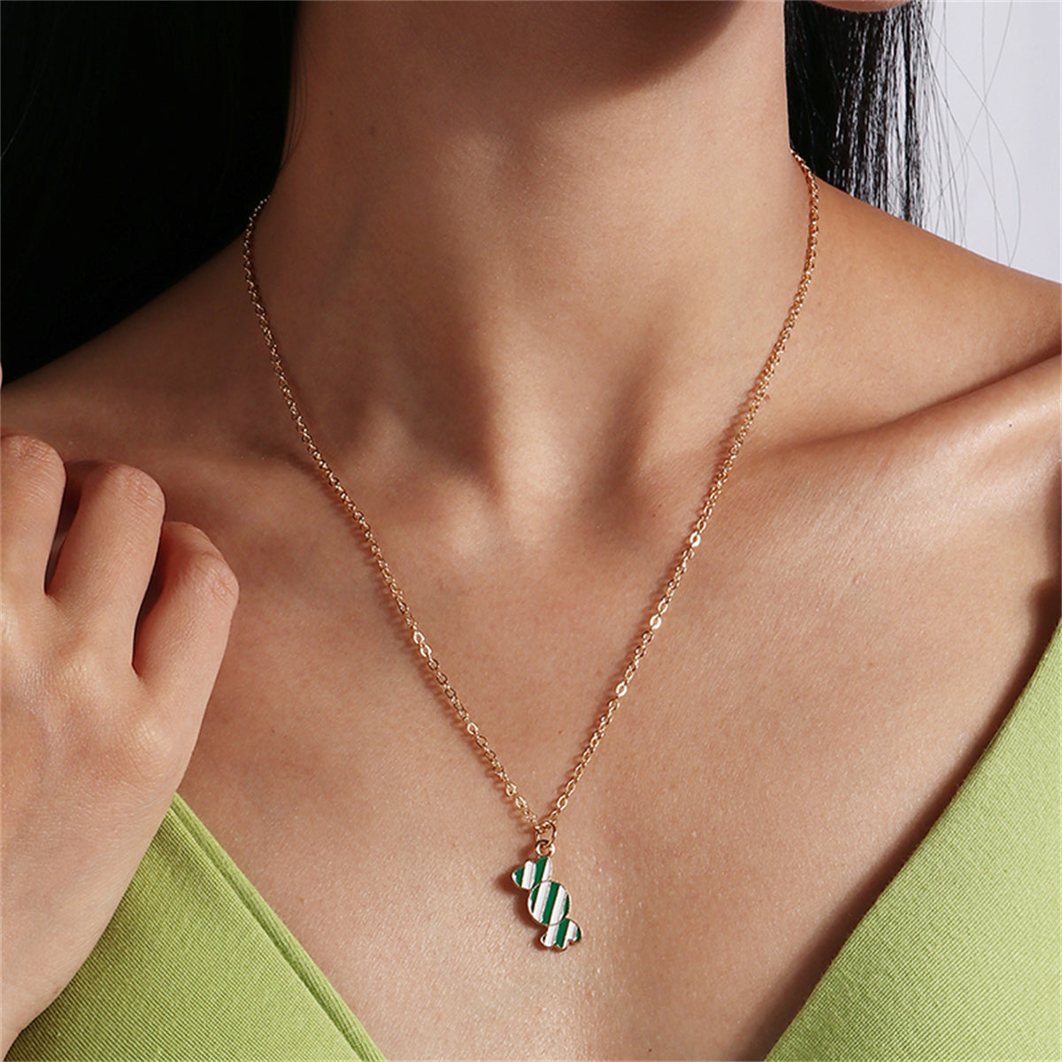 Green Enamel and 18K Gold-Plated Candy Pendant Necklace, gold pendant necklace for women, elegant gift for her, front view