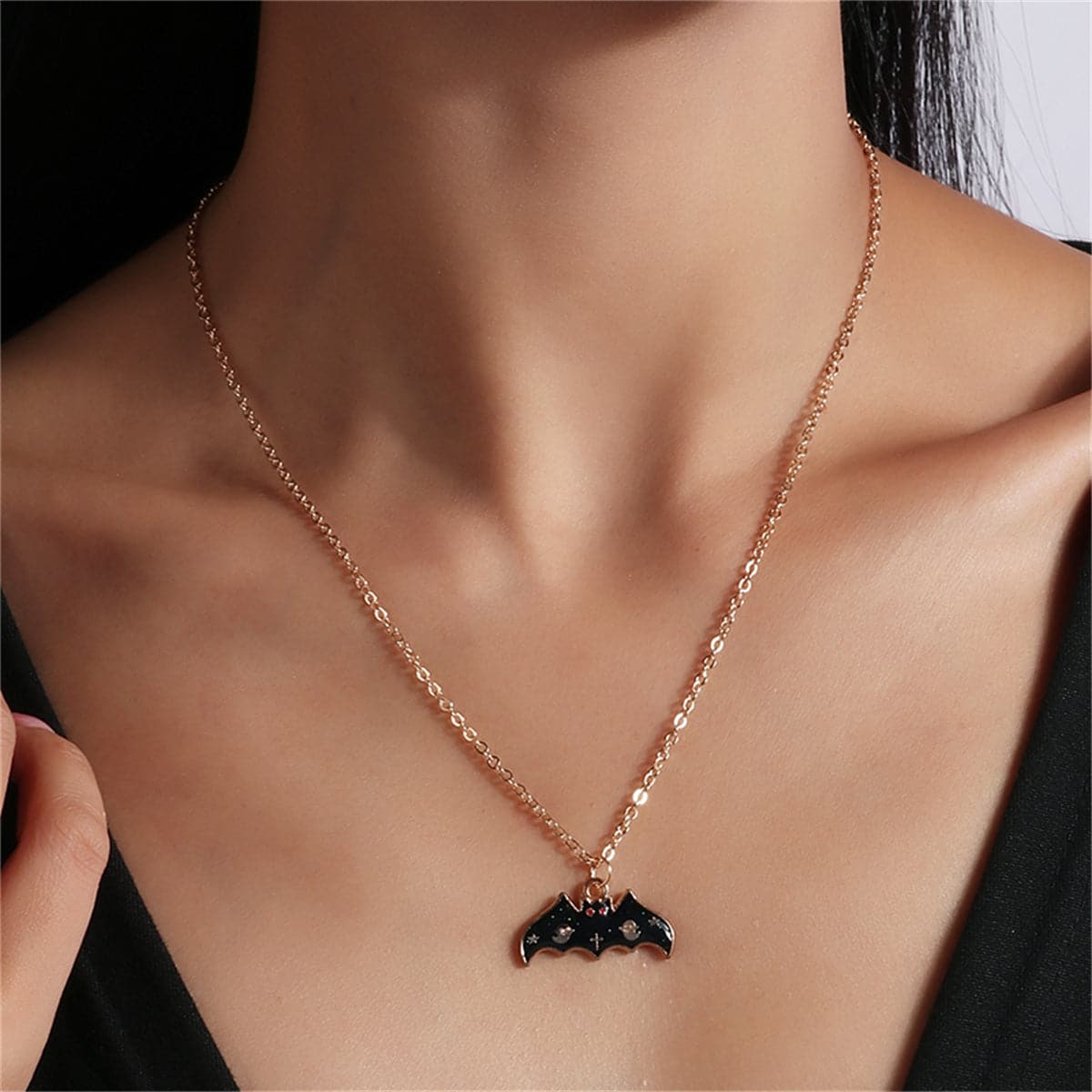 Black Enamel and 18K Gold-Plated Bat Pendant Necklace, gold pendant necklace for women, elegant gift for her, front view