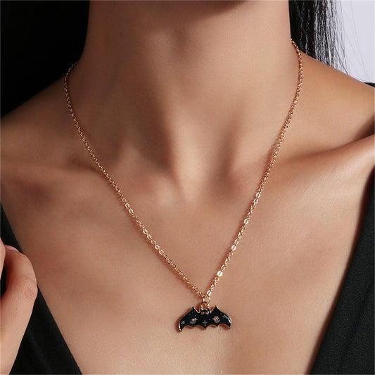 Black Enamel and 18K Gold-Plated Bat Pendant Necklace, gold pendant necklace for women, elegant gift for her, front view