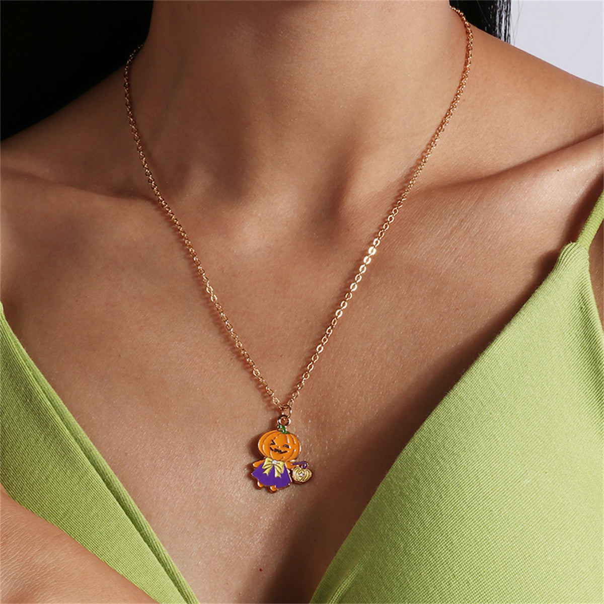 Orange Enamel and 18K Gold-Plated Pumpkin Pendant Necklace, gold pendant necklace for women, everyday style, front view
