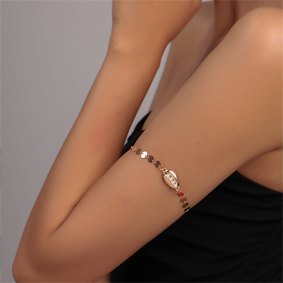 Pearl and 18K Gold-Plated Sequin Shell Arm Chain, elegant gift for her, front view