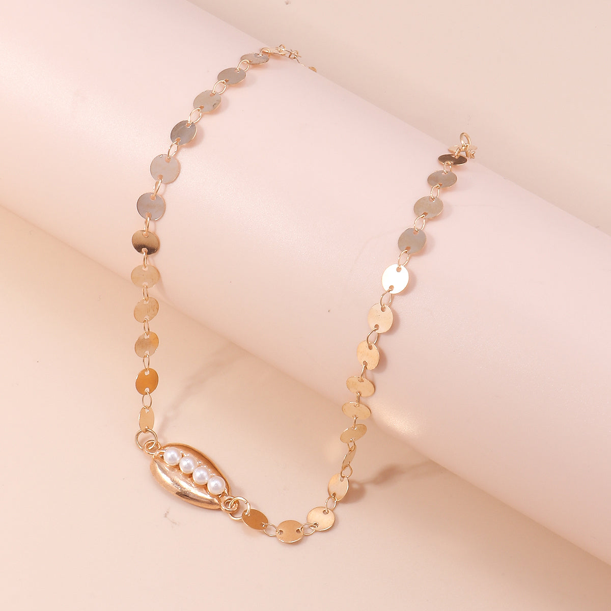 Pearl and 18K Gold-Plated Sequin Shell Arm Chain, elegant gift for her, lifestyle look