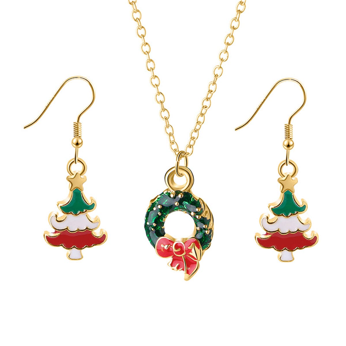 Green Enamel and 18K Gold-Plated Wreath Pendant Necklace and Earrings, gold drop earrings for women, front view