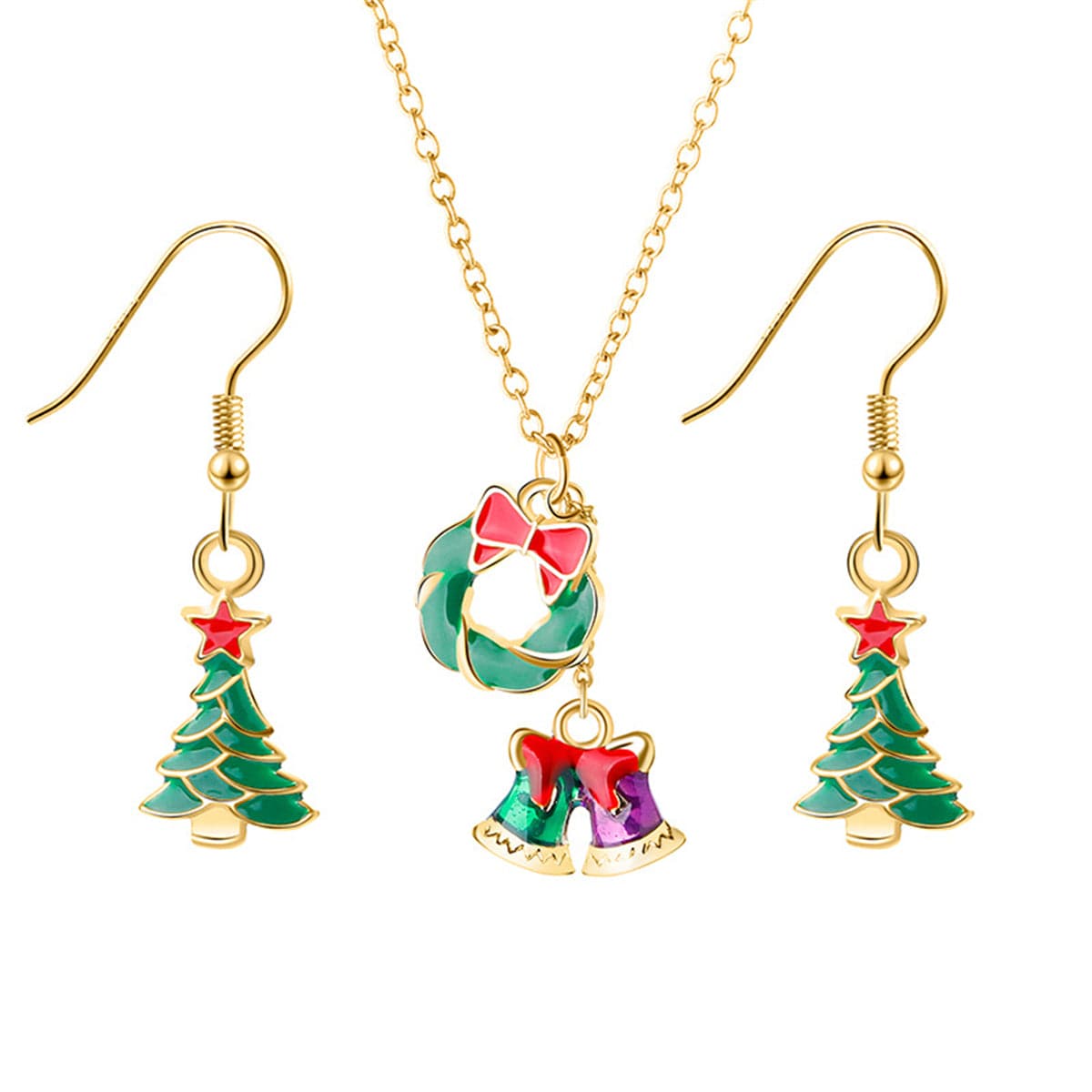Green Enamel and 18K Gold-Plated Bell Pendant Necklace and Earrings, gold drop earrings for women, front view