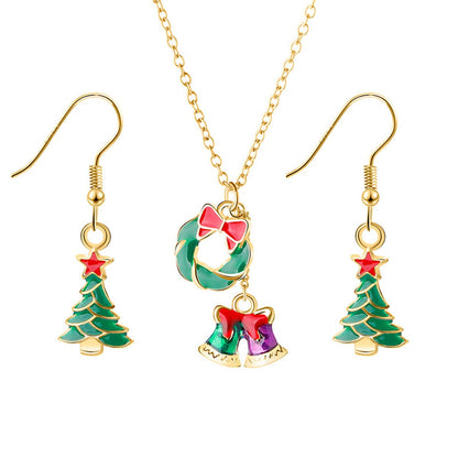 Green Enamel and 18K Gold-Plated Bell Pendant Necklace and Earrings, gold drop earrings for women, front view