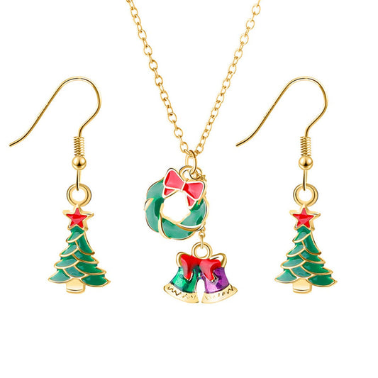 Green Enamel and 18K Gold-Plated Bell Pendant Necklace and Earrings, gold drop earrings for women, front view