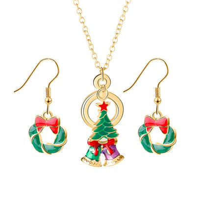 Green Enamel and 18K Gold-Plated Wreath Earrings and Pendant Necklace, gold drop earrings for women, front view