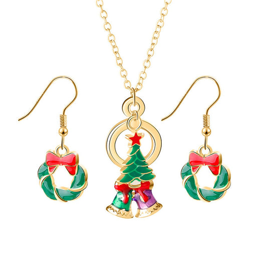 Green Enamel and 18K Gold-Plated Wreath Earrings and Pendant Necklace, gold drop earrings for women, front view