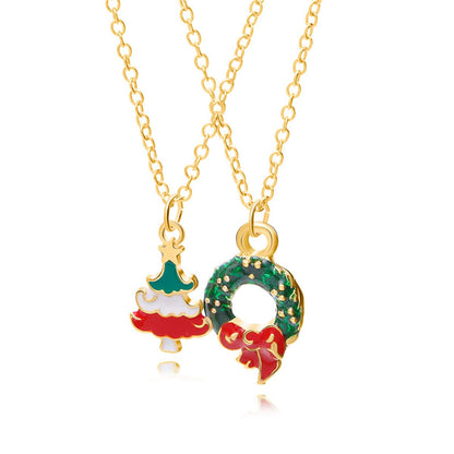 Green Enamel and 18K Gold-Plated Christmas Wreath and Tree Pendant Necklace Set, jewelry gift sets for women, front view