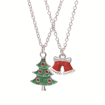 Green Silver-Plated Christmas Tree and Bells Pendant Necklace Set, jewelry gift sets for women, detail close-up