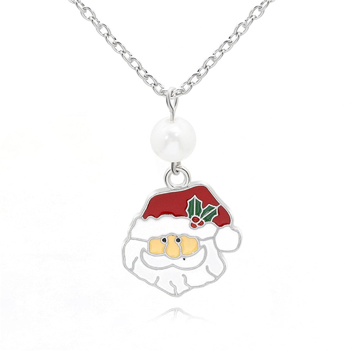 Pearl & Red Enamel Silver-Plated Santa Pendant Necklace
