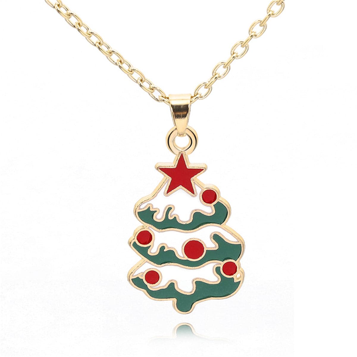 Green Enamel and 18K Gold-Plated Christmas Tree Pendant Necklace, gold pendant necklace for women, front view