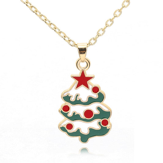 Green Enamel and 18K Gold-Plated Christmas Tree Pendant Necklace, gold pendant necklace for women, front view