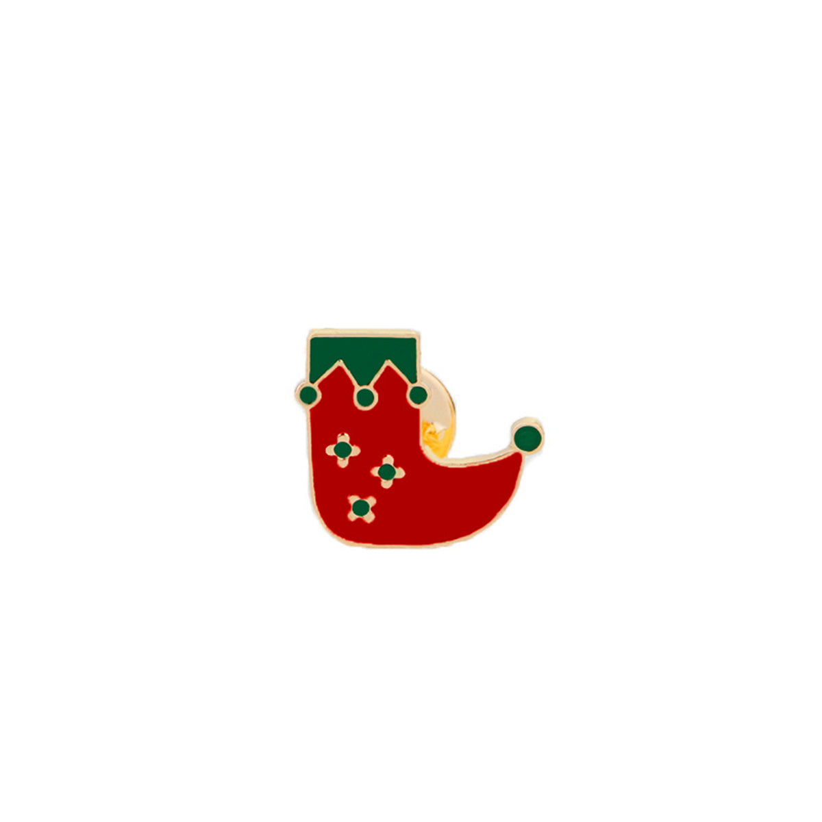 Red Enamel and 18K Gold-Plated Stocking Brooch, gold brooch pin, botanical inspired, front view
