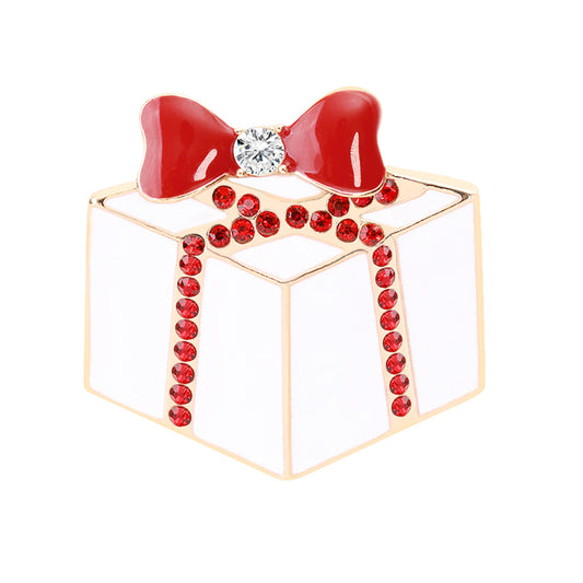 Red Cubic Zirconia and Enamel 18K Gold-Plated Gift Brooch, gold brooch pin, elegant gift for her, front view