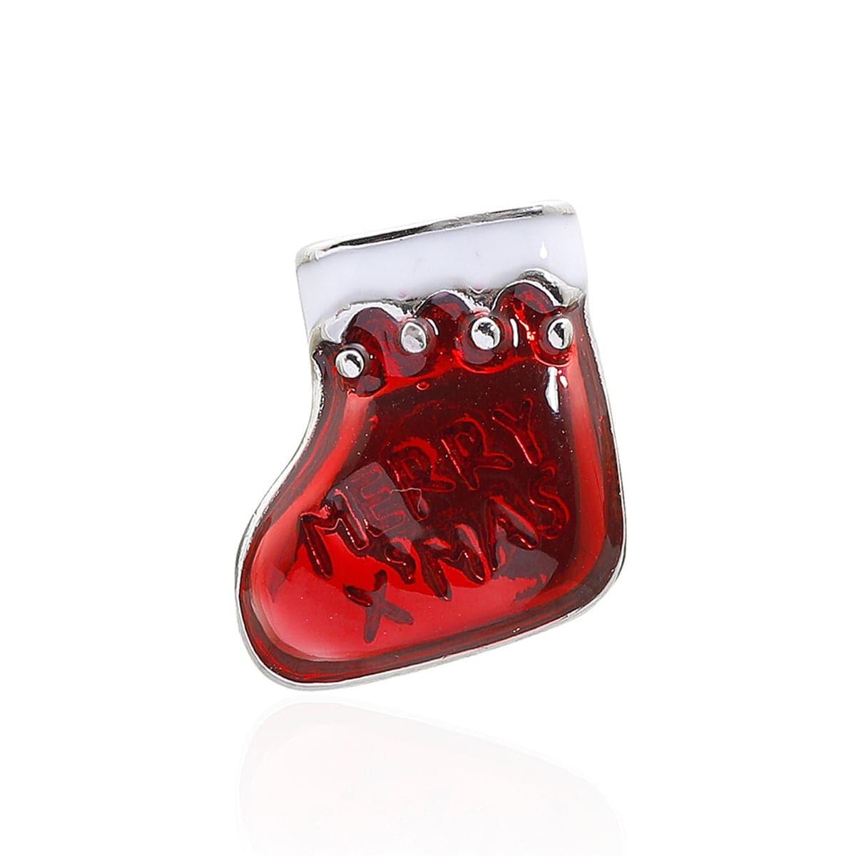 Red and White Enamel 'Merry Xmas' Stocking Brooch, brooch pin, elegant gift for her, front view
