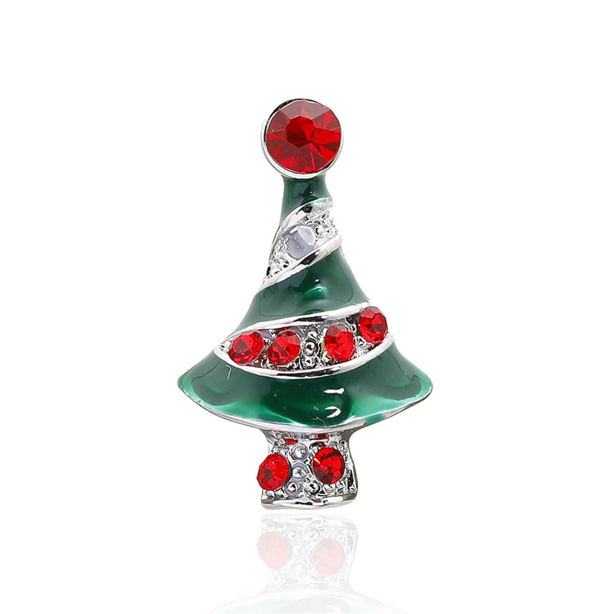 Red Cubic Zirconia and Green Enamel Embellished Holiday Tree Brooch, brooch pin, elegant gift for her, front view
