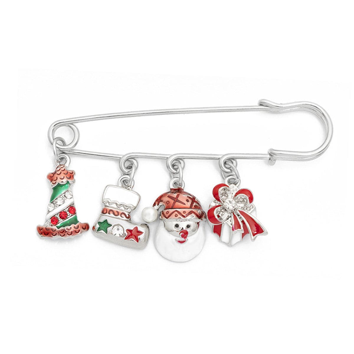 Cubic Zirconia and Silver-Plated Santa Charm Pin Brooch, silver brooch pin, everyday style, front view