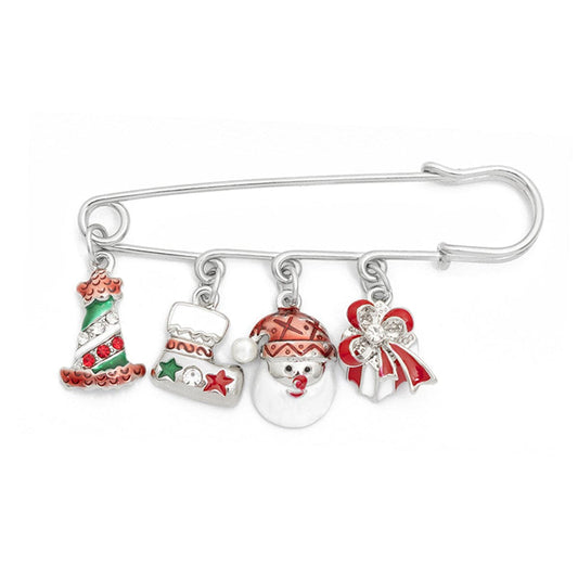 Cubic Zirconia and Silver-Plated Santa Charm Pin Brooch, silver brooch pin, everyday style, front view