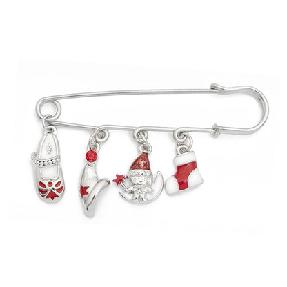Silver-Plated and Red Christmas Charm Brooch, silver brooch pin, botanical inspired, front view