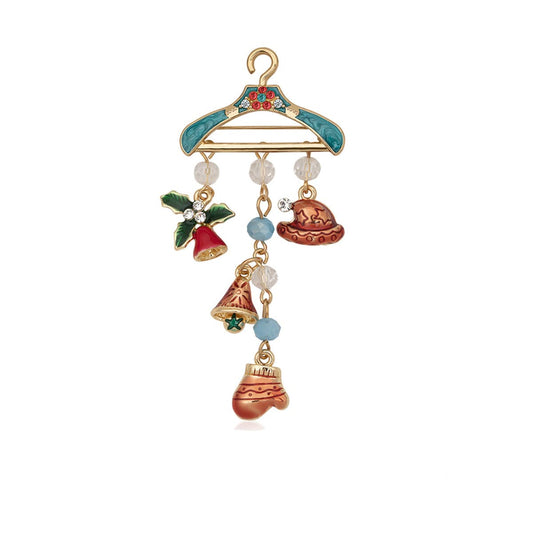 Blue Cubic Zirconia and Enamel 18K Gold-Plated Christmas Icon Charm Hanger Brooch, gold brooch pin, front view