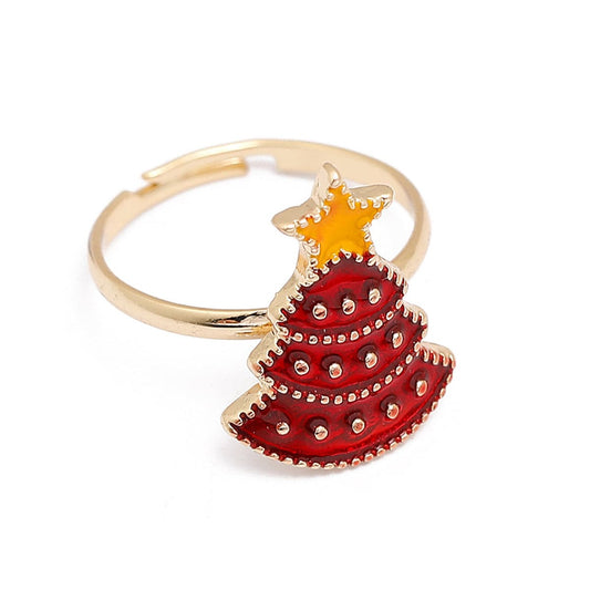 Red Enamel and 18K Gold-Plated Christmas Tree Adjustable Ring, gold statement rings for women, front view