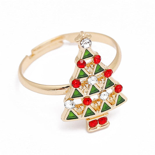 Red and Green Cubic Zirconia 18K Gold-Plated Tree Adjustable Ring, gold statement rings for women, front view