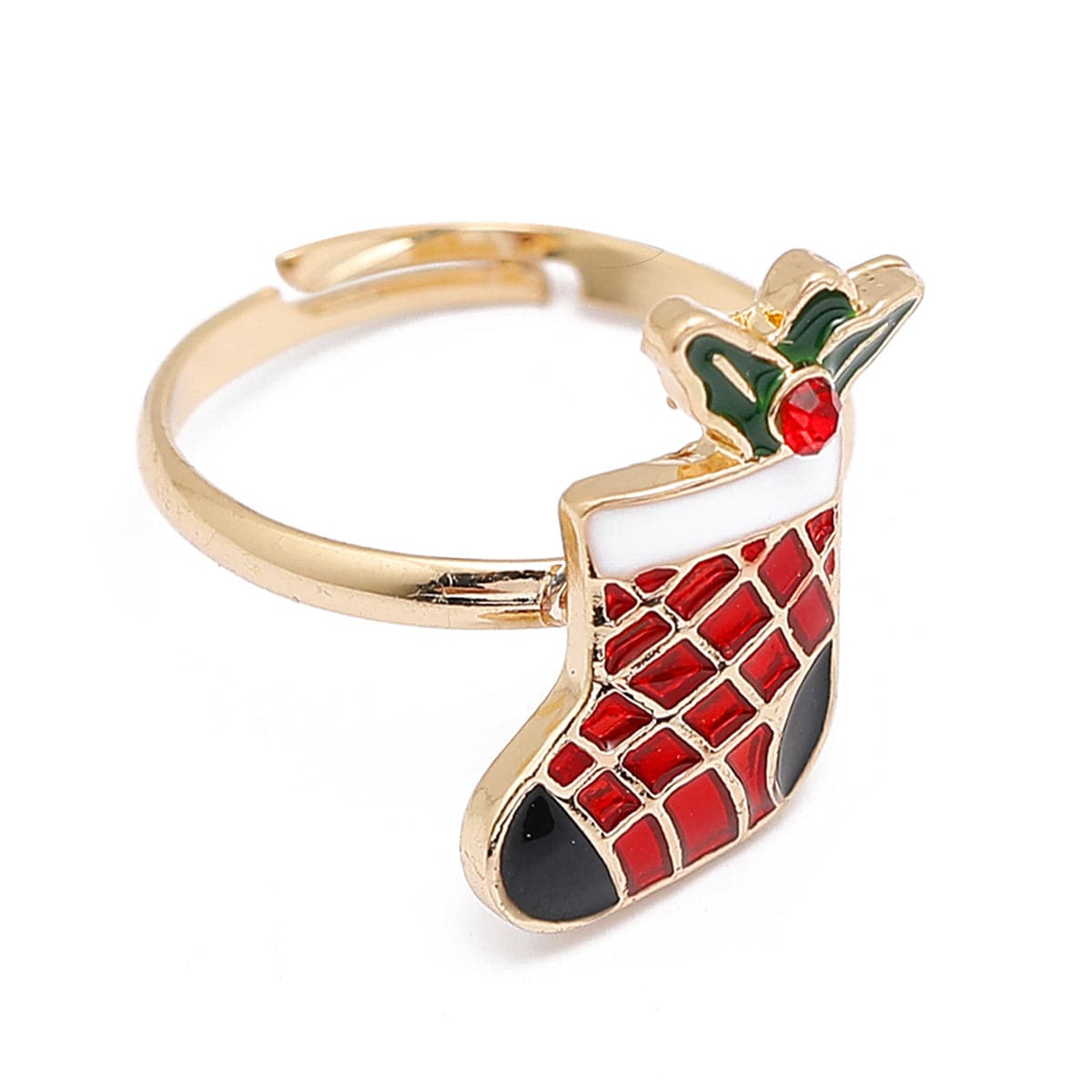 Red Cubic Zirconia and Enamel 18K Gold-Plated Stocking Adjustable Ring, gold statement rings for women, front view