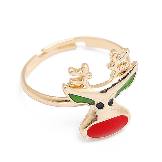 Red Enamel and 18K Gold-Plated Reindeer Adjustable Ring, gold statement rings for women, elegant gift for her, front view
