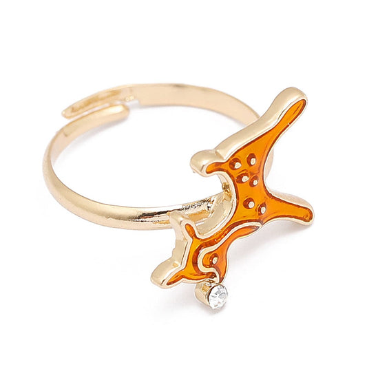 Orange Enamel and Cubic Zirconia 18K Gold-Plated Reindeer Adjustable Ring, gold statement rings for women, front view