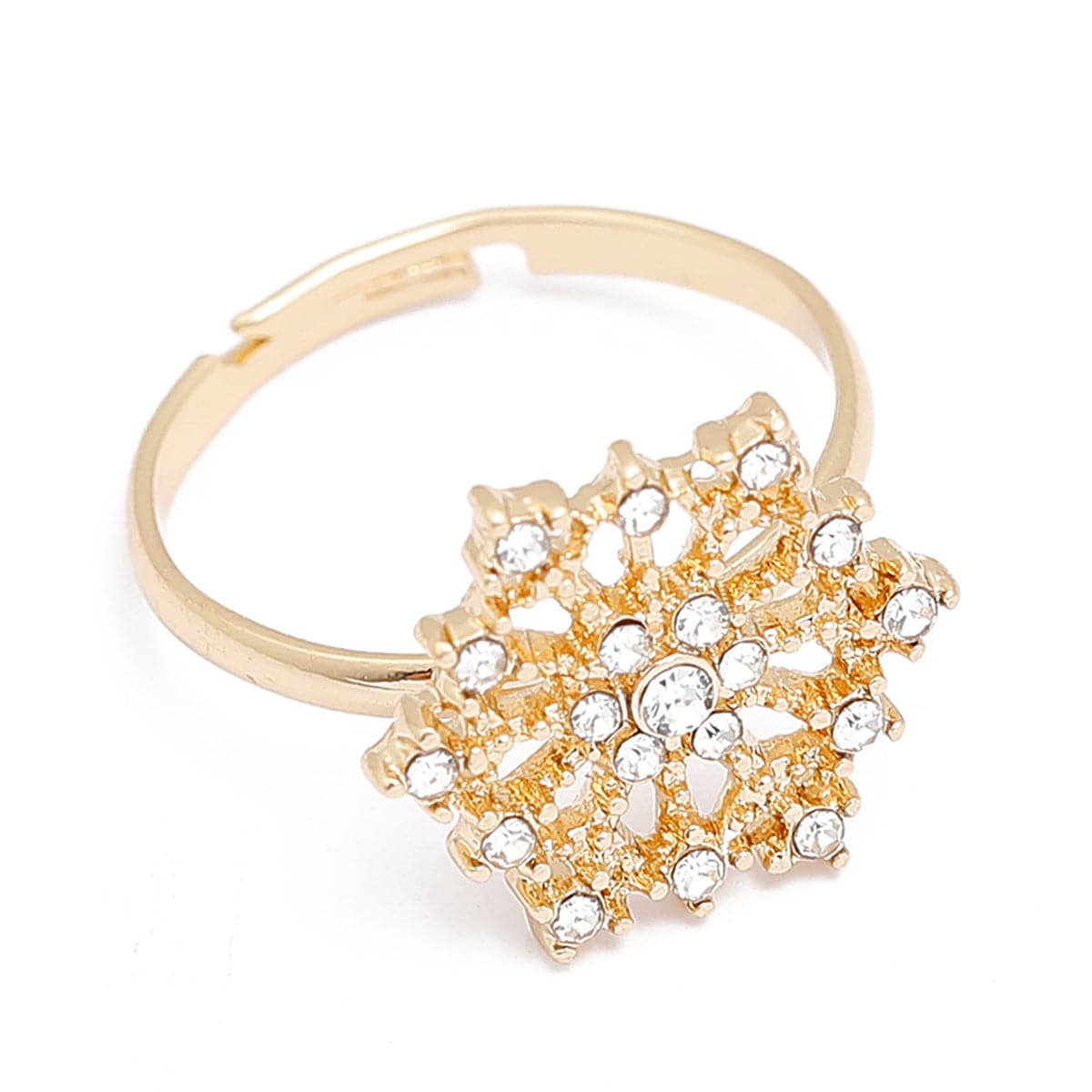 Cubic Zirconia and 18K Gold-Plated Snowflake Adjustable Ring, gold statement rings for women, front view