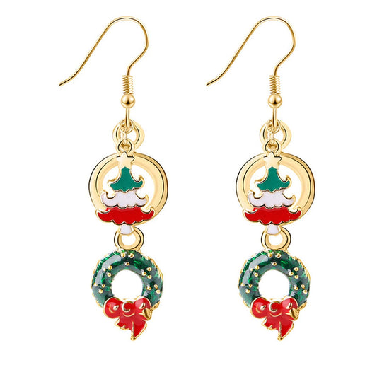 Green Enamel and 18K Gold-Plated Christmas Tree Wreath Drop Earrings, gold drop earrings for women, front view