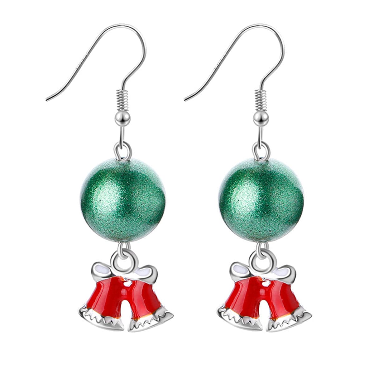 Green and Silver-Plated Ball Bell Drop Earrings, silver drop earrings for women, elegant gift for her, front view