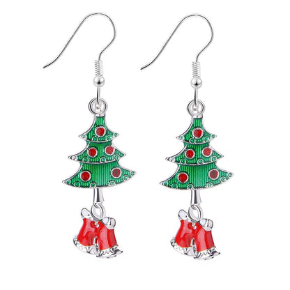 Green and Silver-Plated Christmas Tree Bell Drop Earrings, silver drop earrings for women, botanical inspired, front view