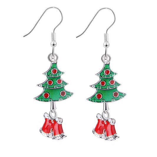 Green and Silver-Plated Christmas Tree Bell Drop Earrings, silver drop earrings for women, botanical inspired, front view
