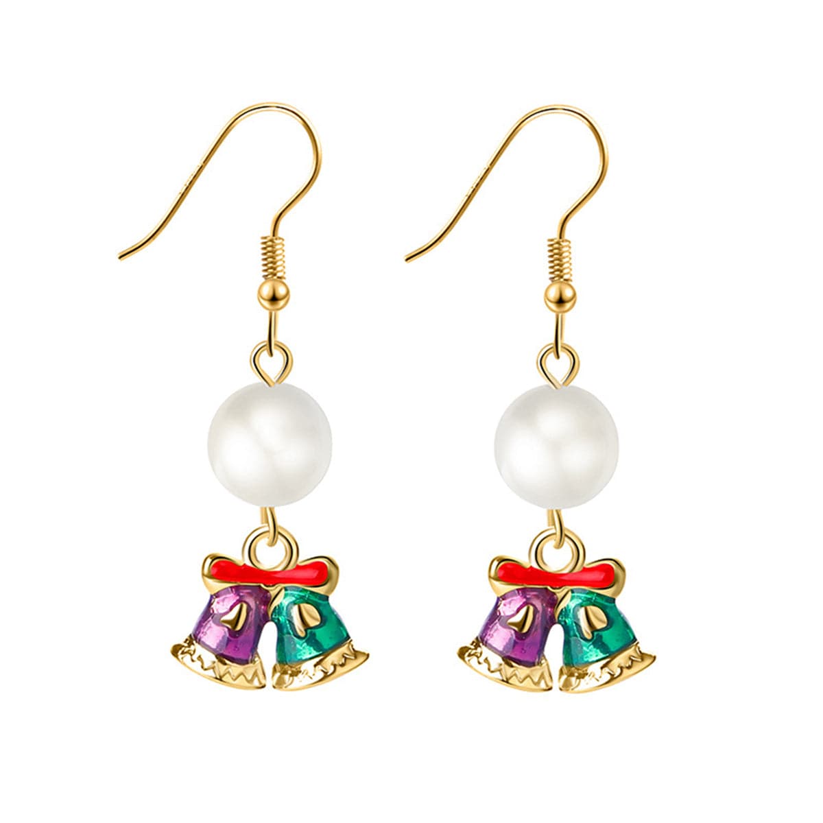 Green Enamel and Pearl 18K Gold-Plated Bell Drop Earrings, gold drop earrings for women, botanical inspired, front view