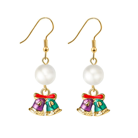 Green Enamel and Pearl 18K Gold-Plated Bell Drop Earrings, gold drop earrings for women, botanical inspired, front view