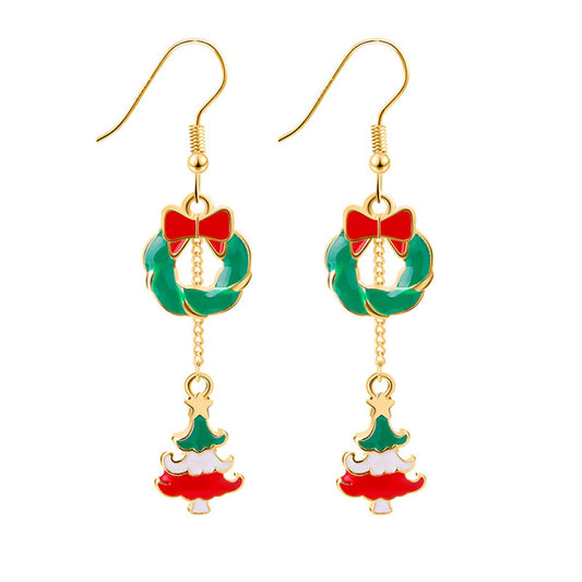 Red Enamel and 18K Gold-Plated Wreath Christmas Tree Drop Earrings, gold drop earrings for women, front view