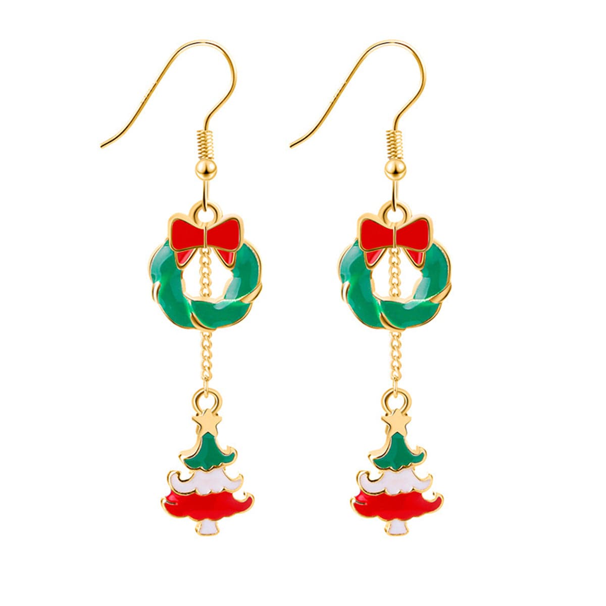 Red Enamel & 18K Gold-Plated Wreath Christmas Tree Drop Earrings