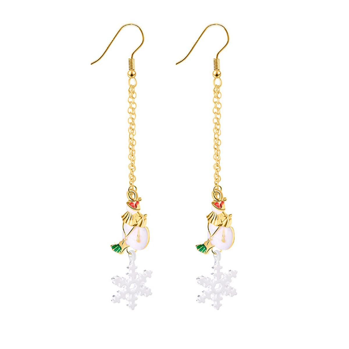 White Enamel and Two Tone Snowflake Snowman Drop Earrings, drop earrings for women, everyday style, front view