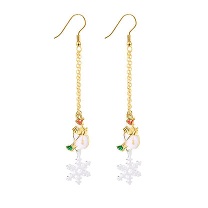 White Enamel and Two Tone Snowflake Snowman Drop Earrings, drop earrings for women, everyday style, front view