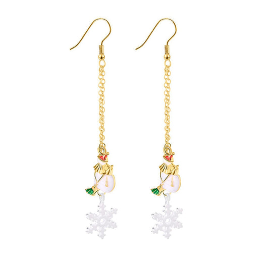 White Enamel and Two Tone Snowflake Snowman Drop Earrings, drop earrings for women, everyday style, front view