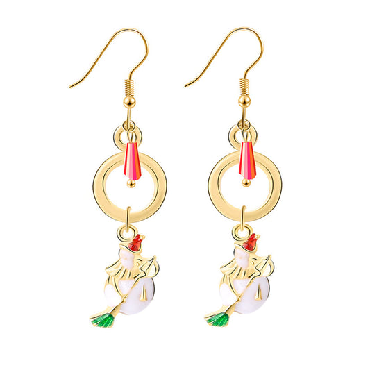 18K Gold-Plated Snowman Drop Earrings, gold drop earrings for women, botanical inspired, front view