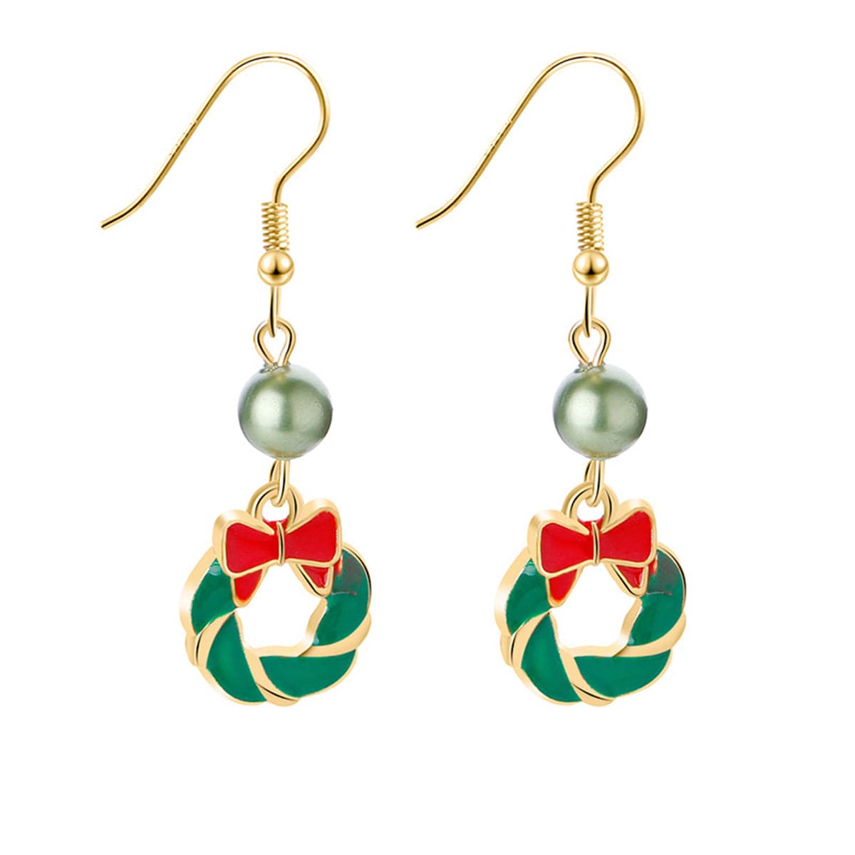 Green Enamel and Acrylic 18K Gold-Plated Bow Wreath Drop Earrings, gold drop earrings for women, front view