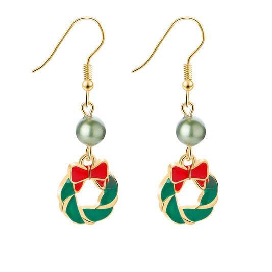 Green Enamel and Acrylic 18K Gold-Plated Bow Wreath Drop Earrings, gold drop earrings for women, front view